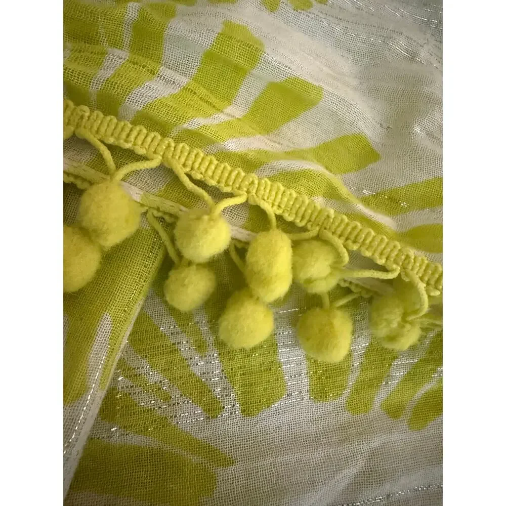 NEW LOFT Lime Green White Pom Pom Infinity Scarf Cotton Blend Metallic Shimmer